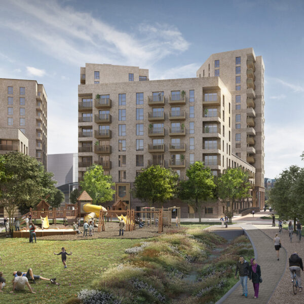 Visual of completed Waterloo Road housing with play park and landscaped paths
