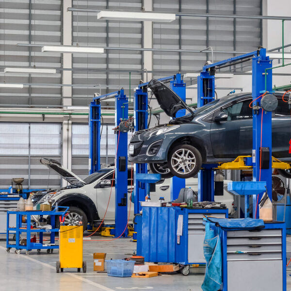 Several vehicles raised on hydraulic lifts in an automotive workshop.