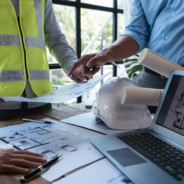People wearing safety vests reviewing construction drawings and project plans on a table with a laptop and hard hat during a building design meeting.