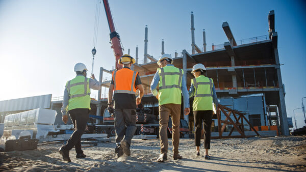 Group of construction professionals wearing safety vests and helmets walking across a site under development.