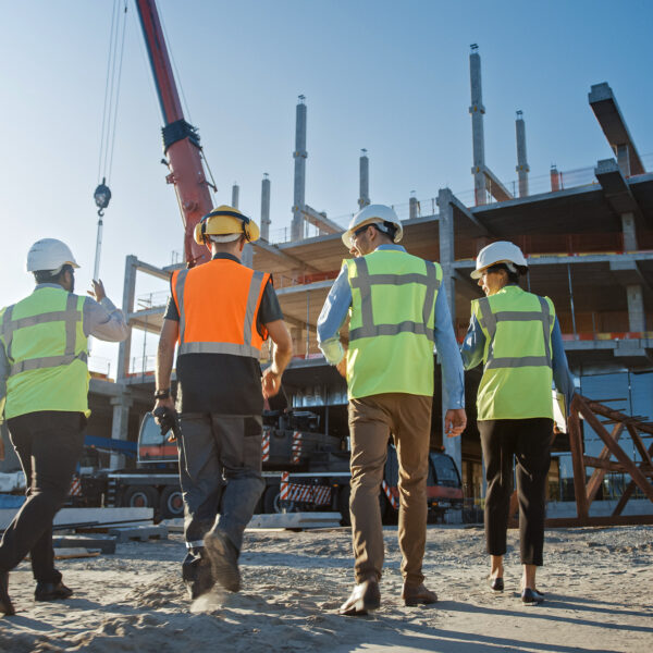Group of construction professionals wearing safety vests and helmets walking across a site under development.