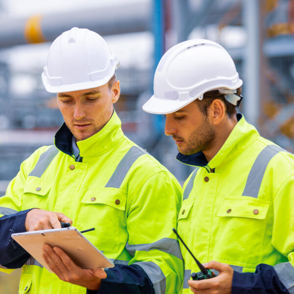 Two workers in high-visibility jackets and hard hats using a tablet during a safety inspection at an industrial site.