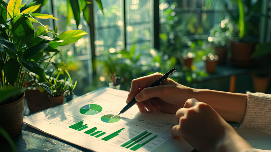 Person reviewing charts and green performance data at a desk surrounded by plants.