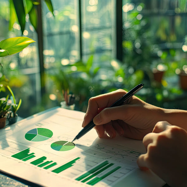Person reviewing charts and green performance data at a desk surrounded by plants.