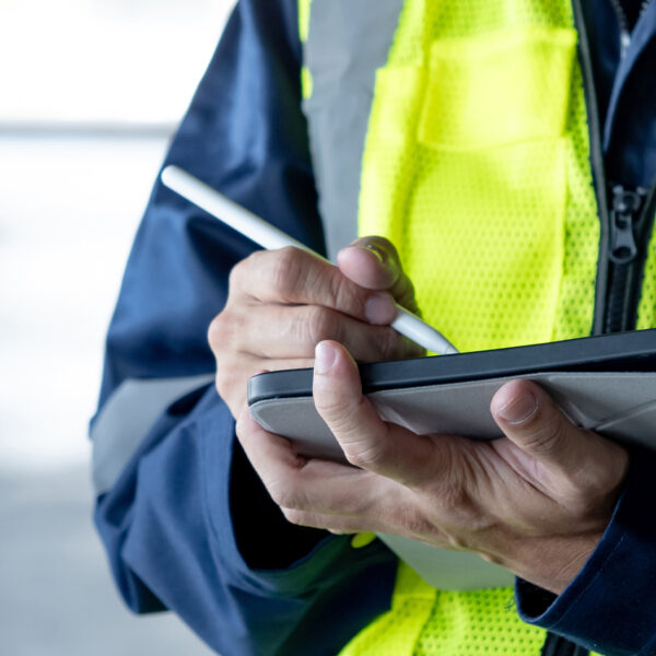 Person wearing a high-visibility vest using a tablet device to record information during a building inspection.