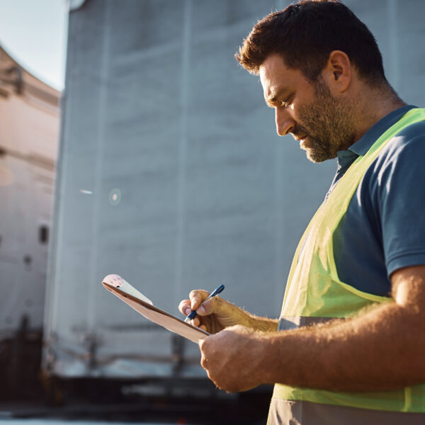 HGV driver wearing a safety vest reviewing delivery paperwork beside a lorry.