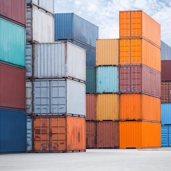 Stacked shipping containers in a freight yard.