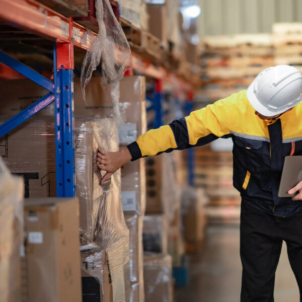 Worker in PPE inspecting goods and pallets inside a warehouse.